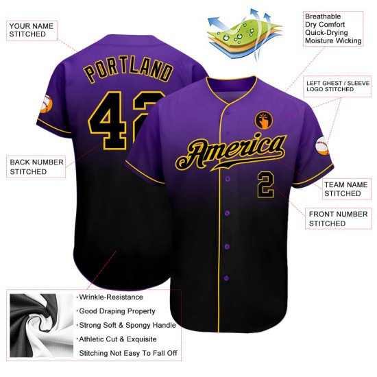 Maillot de baseball tendance violet délavé, personnalisé, noir et or, authentique Maillot de baseball tendance violet délavé, personnalisé, noir et or, authentique