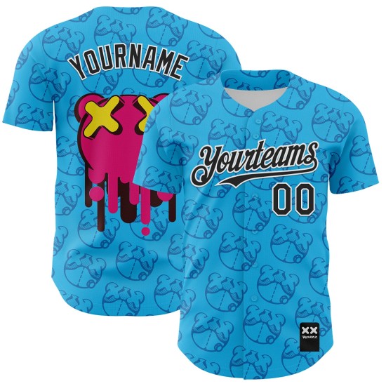 Maglia da baseball Revzzz Sky Bear personalizzata, nera e bianca, 3D Blue Drip, autentica