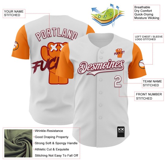 Maglia autentica personalizzata Fuckit Bay Baseball Revzzz Bianco Arancione-Cremisi 3D Maglia autentica personalizzata Fuckit Bay Baseball Revzzz Bianco Arancione-Cremisi 3D