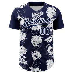 Maglia da baseball tropicale e hawaiana blu navy autentica bianca personalizzata con fiori e foglie 3D