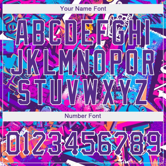 Maillot de baseball 3D personnalisé avec inscriptions blanches et violettes, motif graffiti authentique