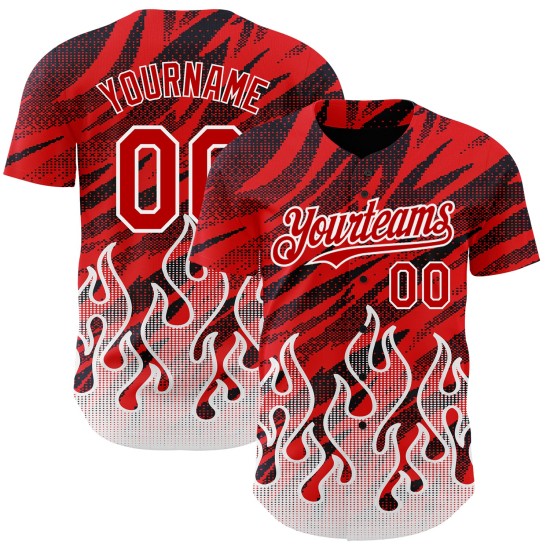 Maglia da baseball rosso fiamma nera e bianca, modello personalizzato, design 3D autentico Maglia da baseball rosso fiamma nera e bianca, modello personalizzato, design 3D autentico