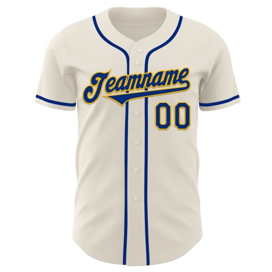 Maglia da baseball autentica color crema personalizzata, colore blu royal e oro Maglia da baseball autentica color crema personalizzata, colore blu royal e oro