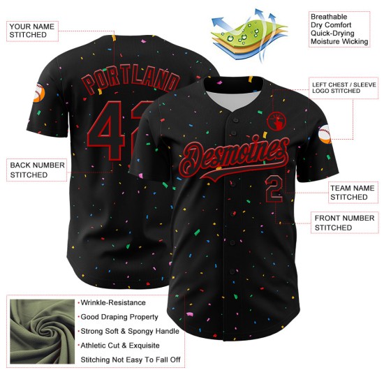 Maglia da baseball personalizzata con motivo a coriandoli 3D autentico rosso nero Maglia da baseball personalizzata con motivo a coriandoli 3D autentico rosso nero