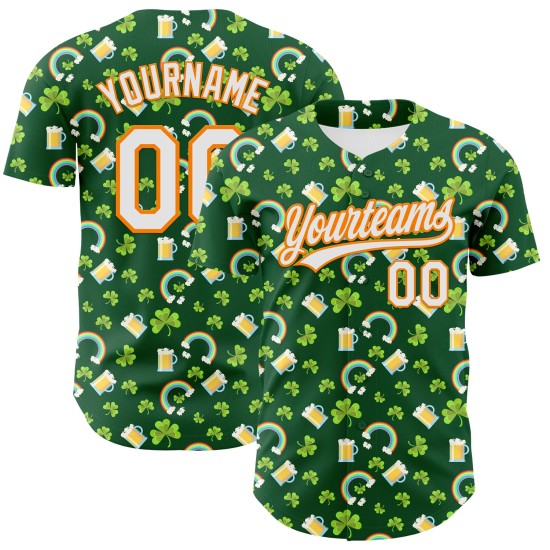 Maglia da baseball autentica 3D Green Shamrock St. Patrick's White-Bay personalizzata Orange Beer Maglia da baseball autentica 3D Green Shamrock St. Patrick's White-Bay personalizzata Orange Beer