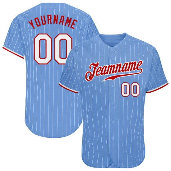 Maglia da baseball azzurra autentica personalizzata a righe bianche e rosse Maglia da baseball azzurra autentica personalizzata a righe bianche e rosse