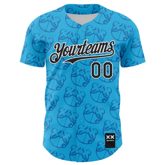 Maglia da baseball Revzzz Sky Bear personalizzata, nera e bianca, 3D Blue Drip, autentica
