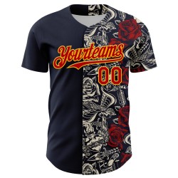 Maglia da baseball vintage autentica e personalizzata, con tatuaggi 3D rosso-oro blu navy Maglia da baseball vintage autentica e personalizzata, con tatuaggi 3D rosso-oro blu navy