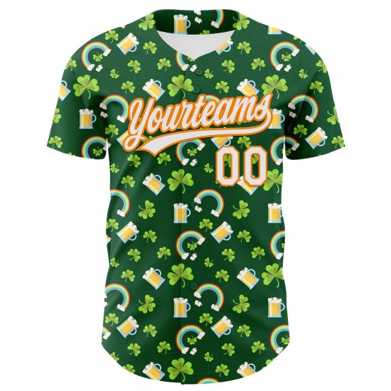 Maglia da baseball autentica 3D Green Shamrock St. Patrick's White-Bay personalizzata Orange Beer Maglia da baseball autentica 3D Green Shamrock St. Patrick's White-Bay personalizzata Orange Beer